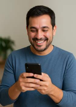 Homem sorrindo com smartphone em mãos